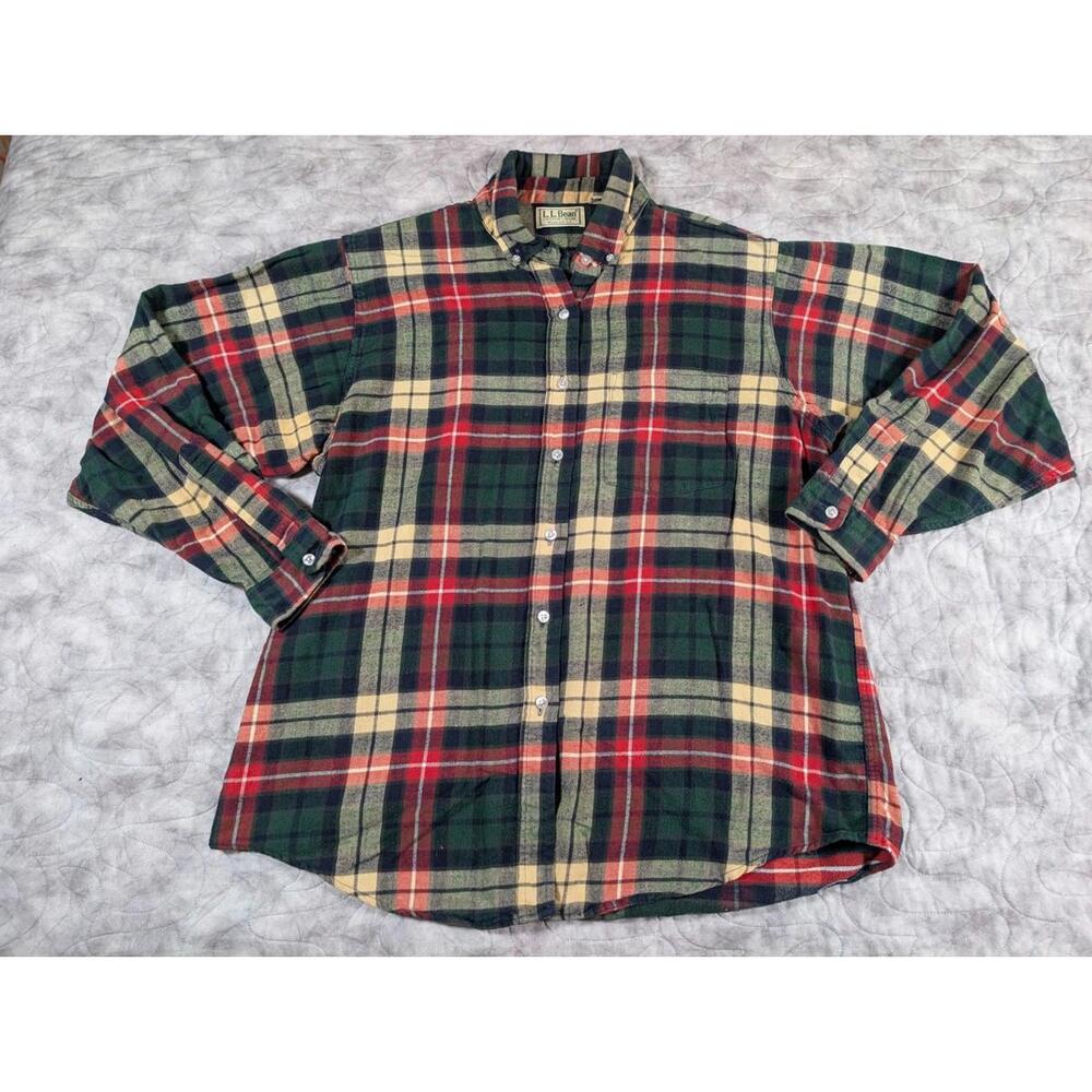 LL Bean USA Flannel Shirt Womens 14 Plaid Button Down Green Red Cotton